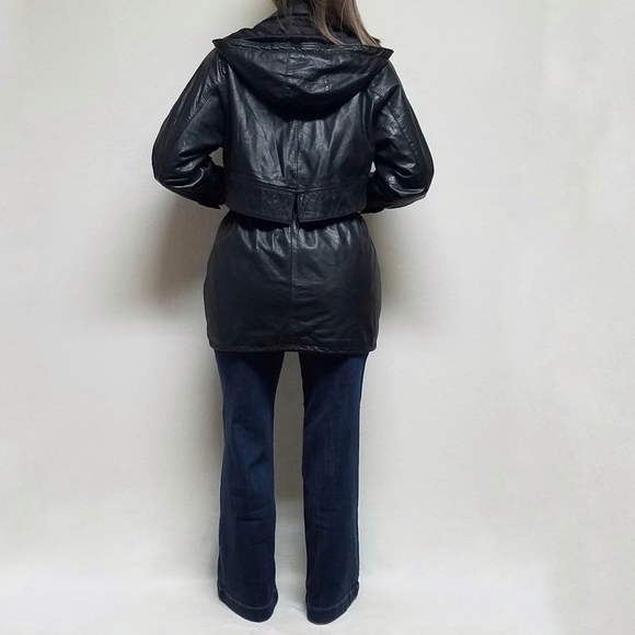 VINTAGE 80s Zenia Black Leather Hooded Tie-Waist Thermolite Lined Layered Jacket - Picture 3 of 16